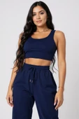 Kadın Lacivert Kaşkorse Cepli Jogger Eşofman Altı ve Crop Top Bluz thumbnail 2