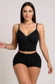 Kadın Siyah Alt ve Üst Dantel Detaylı Fiyonklu Şortlu Gecelik Takımı thumbnail 1