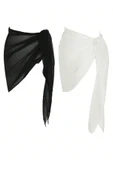 Kadın Siyah Beyaz Transparan Belden Bağlamalı Pareo 2'li - Modern ve Şık Tasarım thumbnail 2