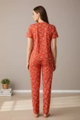 Kadın Turuncu Kalp Desenli Fiyonklu Kısa Kollu Uzun Pijama Takımı thumbnail 8