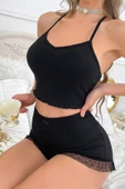 Kadın Siyah Kaşkorse Sırt ve Bacak Kısmı Puantiyeli Şortlu Gecelik Takım - Modern, Konforlu thumbnail 6