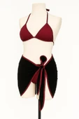 Kadın Bordo Siyah Pareolu Yandan ve Boyundan Bağlamalı 3'lü Bikini Takımı thumbnail 2