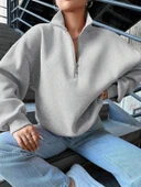 BİÇOMİ 3 iplik Şardonlu yarım fermuarlı sweatshirt gri thumbnail 2