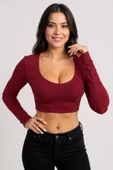 Kadın Bordo Uzun Kol Kare Yaka Crop Top Bluz thumbnail 2