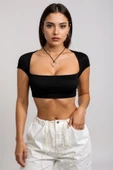 Kadın Lacivert Göğüs Dekolteli Uzun Kollu Cut Out Crop Top Bluz thumbnail 3