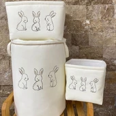 Bej Rengi Nakışlı Tavşan Desenli 3'lü Sepet Seti thumbnail 5