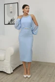 Omzu Açık Balon Kol Taş Detaylı Abiye Elbise 2261-Bebe Mavisi thumbnail 1