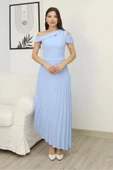 Tek Omuzlu Pilise Detaylı Asimetrik Elbise 2381-Bebe Mavisi thumbnail 1