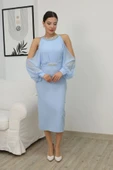 Omzu Açık Balon Kol Taş Detaylı Abiye Elbise 2261-Bebe Mavisi thumbnail 5