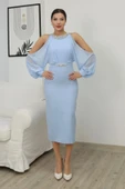 Omzu Açık Balon Kol Taş Detaylı Abiye Elbise 2261-Bebe Mavisi thumbnail 2