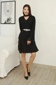 Büzgü Detaylı Kemerli Elbise 2338-Siyah thumbnail 3