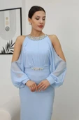 Omzu Açık Balon Kol Taş Detaylı Abiye Elbise 2261-Bebe Mavisi thumbnail 6