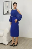 Omzu Açık Balon Kol Taş Detaylı Abiye Elbise 2261-Saks thumbnail 4