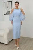 Omzu Açık Balon Kol Taş Detaylı Abiye Elbise 2261-Bebe Mavisi thumbnail 4