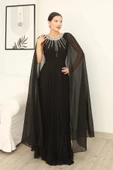 Pelerin Kollu Taş İşlemeli ve Bel Detaylı Abiye Elbise 2256-Siyah thumbnail 3