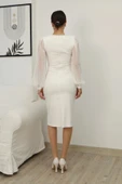 Taş İşlemeli Balon Kollu Pileli Midi Elbise 2334-Beyaz thumbnail 7