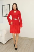 Büzgü Detaylı Kemerli Elbise 2338-Kırmızı thumbnail 2