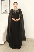 Pelerin Kollu Taş İşlemeli ve Bel Detaylı Abiye Elbise 2256-Siyah thumbnail 4
