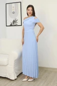 Tek Omuzlu Pilise Detaylı Asimetrik Elbise 2381-Bebe Mavisi thumbnail 4