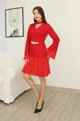 Büzgü Detaylı Kemerli Elbise 2338-Kırmızı thumbnail 5