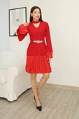 Büzgü Detaylı Kemerli Elbise 2338-Kırmızı thumbnail 6