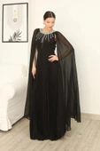 Pelerin Kollu Taş İşlemeli ve Bel Detaylı Abiye Elbise 2256-Siyah thumbnail 5