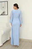 Yakası Tül Bel Detaylı Pile ve Yırtmaçlı Abiye Elbise 2313-Bebe Mavisi thumbnail 6