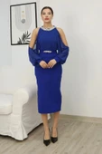 Omzu Açık Balon Kol Taş Detaylı Abiye Elbise 2261-Saks thumbnail 2