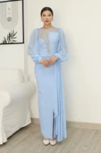 Yakası Tül Bel Detaylı Pile ve Yırtmaçlı Abiye Elbise 2313-Bebe Mavisi thumbnail 1