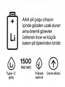 Type-C Şarjlı 800mWh 1.5V Şarj Edilebilir 2'li AAA İnce Pil - lityum iyon Batarya thumbnail 5