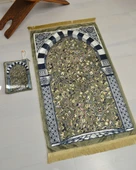 Pratik ve Taşınabilir İpek Dokulu Çantalı Seccade Ravza Desenli Fermuarlı thumbnail 5