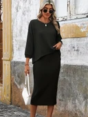 MDB Kadın Uzun Kollu Yuvarlak Yakalı şardonlu Kaşkorse Bluz Ve Etek Ikili Takım thumbnail 6