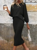 MDB Kadın Uzun Kollu Yuvarlak Yakalı şardonlu Kaşkorse Bluz Ve Etek Ikili Takım thumbnail 1