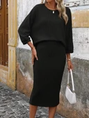 MDB Kadın Uzun Kollu Yuvarlak Yakalı şardonlu Kaşkorse Bluz Ve Etek Ikili Takım thumbnail 3