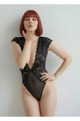 Siyah Yarım Kol Dantel Bodysuit thumbnail 1