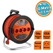 Seyyar Plastik Makaralı CCA Kablo 4 Prizli Uzatma Kablosu 3x2.5 mm 20 Metre Alüminyum Alaşım Kablosu thumbnail 1