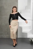 Yırtmaçlı uzun deri etek bej thumbnail 8