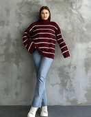 Çizgili ispanyol kol triko boğazlı kahve beyaz elf thumbnail 3