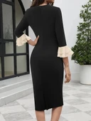 MDB Kadın Truvakar Kollu Fiyonk Yakalı Midi Ithal Krep Elbise thumbnail 4