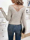 MDB Kadın Uzun Kollu V Yakalı Arkadan Dantel Detaylı şardonlu Kaşkorse Bluz thumbnail 1