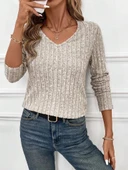 MDB Kadın Uzun Kollu V Yakalı Arkadan Dantel Detaylı şardonlu Kaşkorse Bluz thumbnail 5