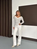 V yaka kol ve yaka düğmeli bluz gribeyaz A4047 thumbnail 2