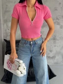 kaşkorse yaka fermuarlı bluz fuşya thumbnail 1