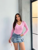 V yaka çizgili bluz pembe A3699 thumbnail 1