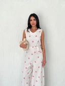 Sırt dekolteli keten beyaz tulum S1036 thumbnail 3