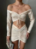 Büzgülü etek bluz takım bej s24709 thumbnail 2