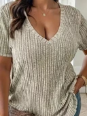 22Kadın Kısa Kollu V Yaka Fitilli Kaşkorse Bluz thumbnail 2