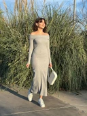 Madonna yaka uzun elbise şardonlu kumaş gri w3753 thumbnail 7