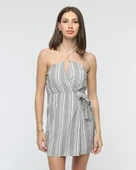 Kuşaklı çizgili mini keten elbise thumbnail 1