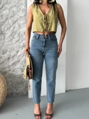Mom fit bıyık kar yıkama jeans pantolon koyu mavi d2006 thumbnail 5